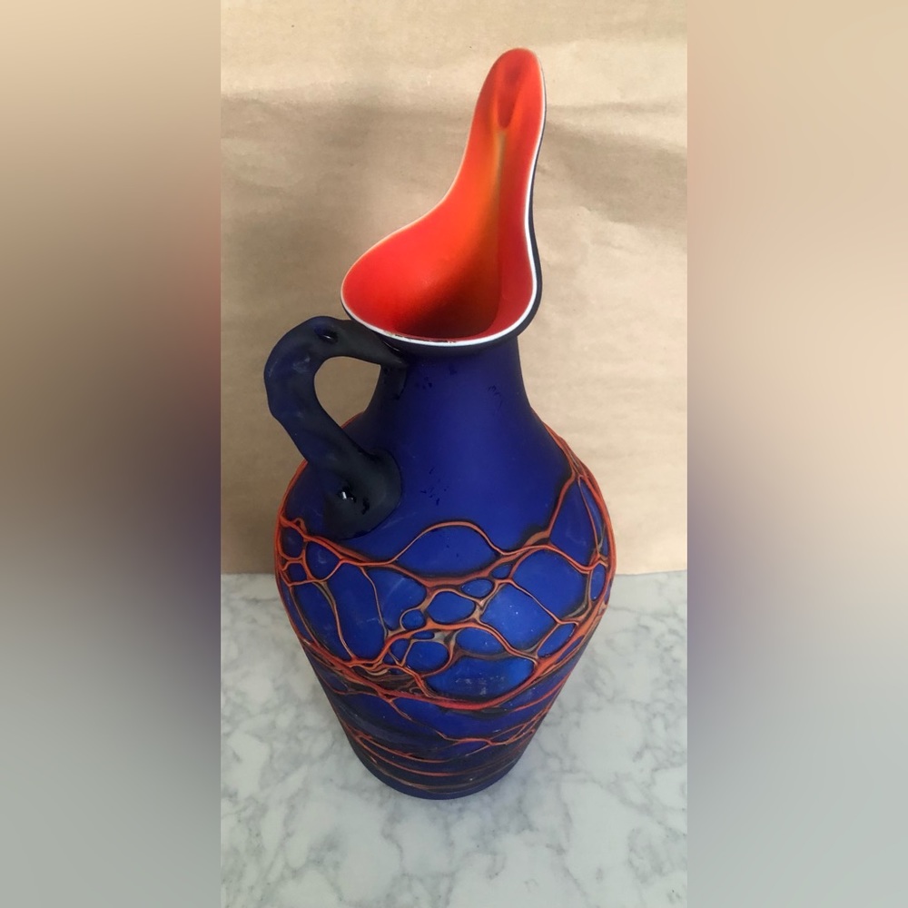 AZERBAYJAN GLASSWARE HAND BLOWN ART GLASS TEXTURED PITCHER/FLOWER VASE 15” VTG